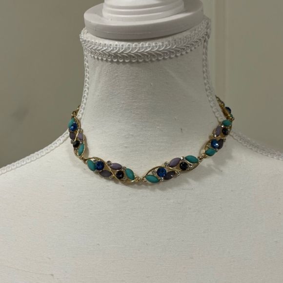Gold Tone Faux Turquoise Multi Gemstone Rhinestone 14 Inch Choker Necklace - Picture 4 of 10